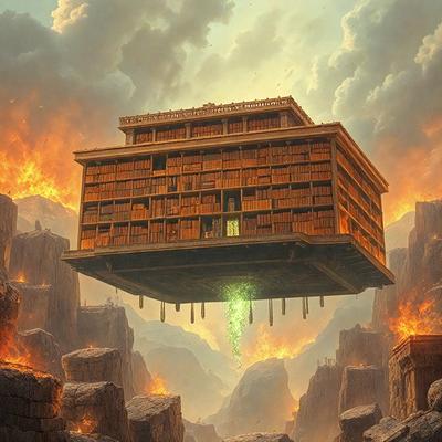 Primary subject: A large, multi-storied building with a green light on top.

Setting/background: A mountainous landscape with a castle-like structure floating in the air.

Visual style: Digital art.

Colors and mood: The image is predominantly orange and green, creating a warm and inviting atmosphere.